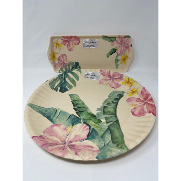 Tommy Bahama  Hibiscus and Palm Leaves Serving Platter Set NEW - Picture 1 of 3